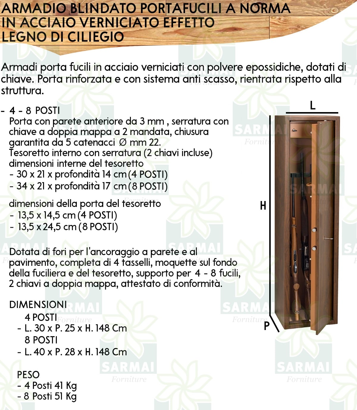 ARMADIO PORTAFUCILI ACCIAIO BLINDATO 4 8 POSTI FUCILIERA FINITURA EFFETTO  LEGNO